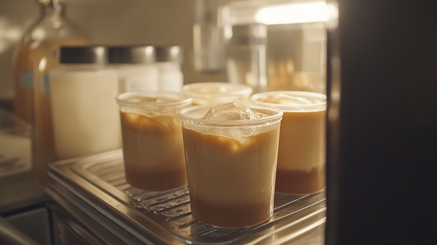 Four plastic cups of iced coffee with layers of coffee and cream, set on a cooling tray in a refrigerated display