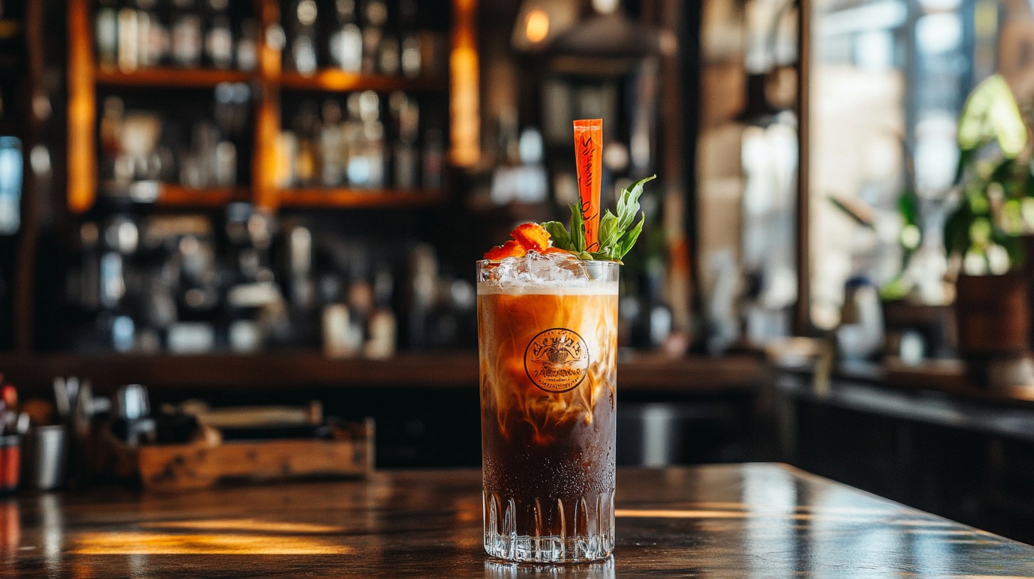 glass of iced coffee made with Kahlúa, served on a granite countertop with ice cubes floating on top