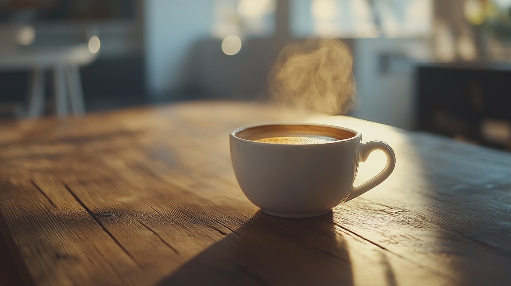 A white ceramic coffee cup on a wooden table