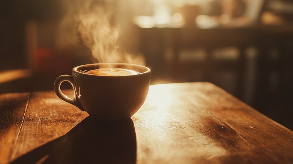 Close-up of a blue ceramic cup filled with freshly brewed espresso