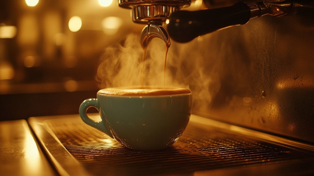 A steaming cup of coffee on a wooden table