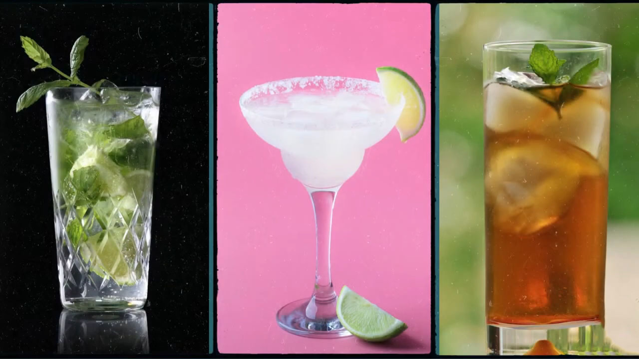  A collage of three drinks: a mojito with lime and mint, a margarita in a salt-rimmed glass with a lime wedge, and an iced tea garnished with mint leaves