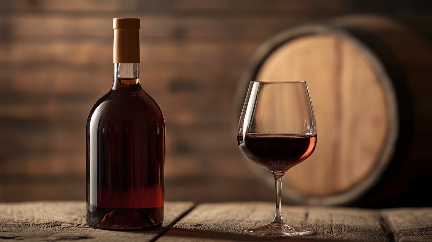 A bottle of red wine and a filled wine glass placed on a rustic wooden surface, with a wooden barrel in the softly blurred background