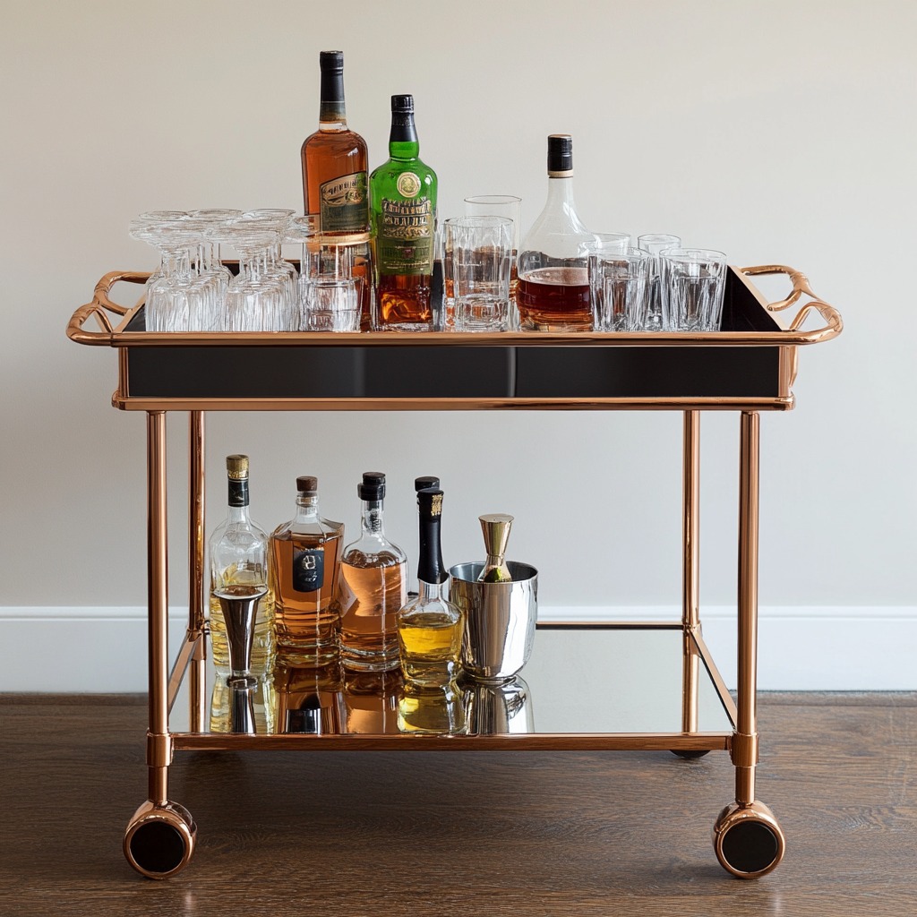 A chic, rose gold bar cart stocked with premium liquor bottles, glassware, and cocktail accessories, set against a neutral wall on a wooden floor