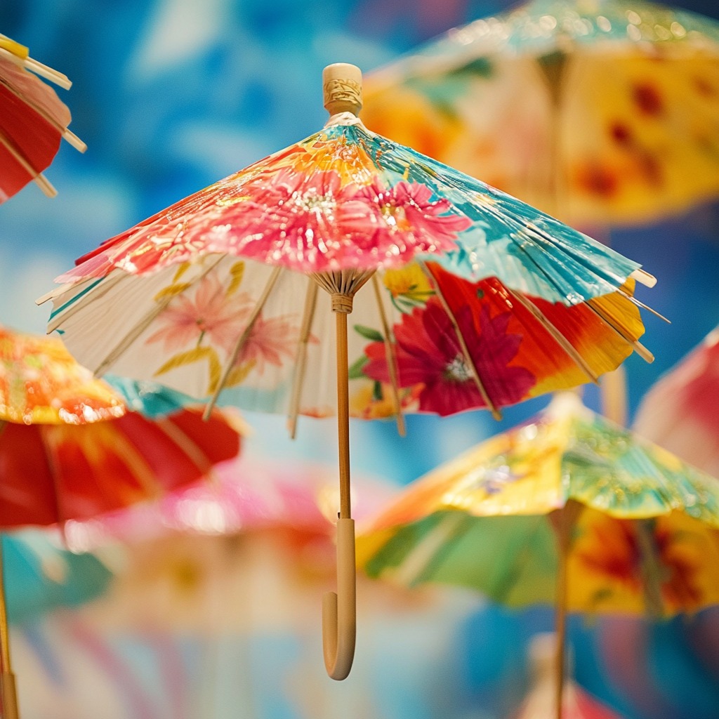 Colorful paper cocktail umbrellas with floral designs, standing upright with small hooks, set against a blurred bright blue and yellow background