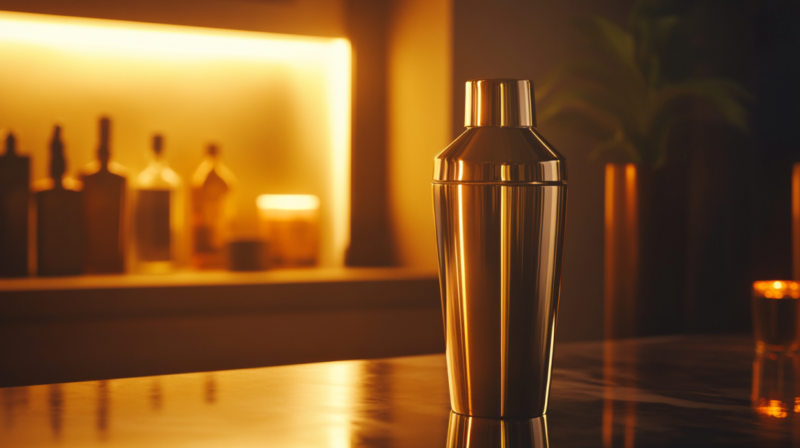 A Golden Cocktail Shaker on A Bar Counter with Dim Lighting and Blurred Bottles in The Background