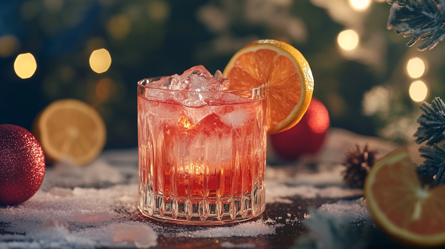 A festive cocktail in a crystal glass with ice, garnished with a slice of orange, surrounded by holiday decorations, pinecones, and warm glowing lights