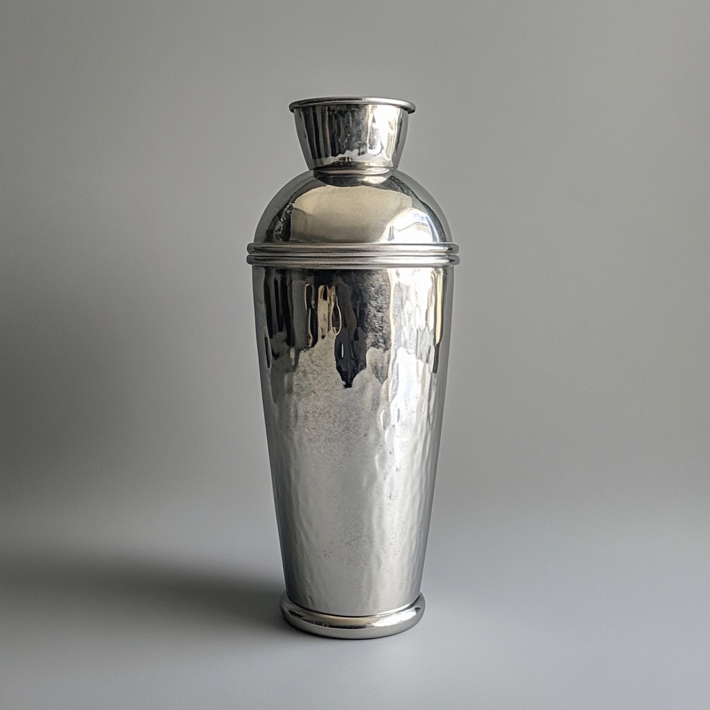 A polished stainless steel cocktail shaker with a hammered texture, set against a neutral gray background