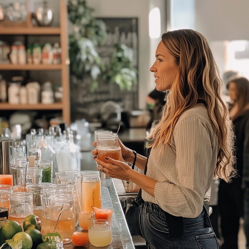 A woman with long, wavy hair holds a cocktail while standing at a bar filled with fresh ingredients, juices, and glassware in a warmly lit space