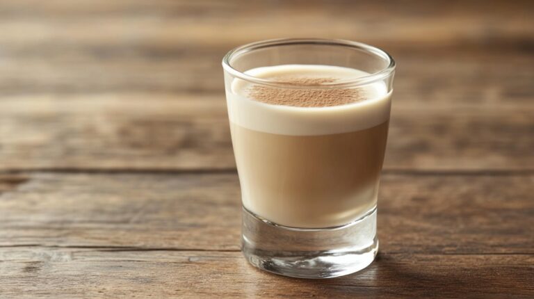 A close-up of a Slippery Nipple shot in a glass, featuring a creamy layered texture, placed on a rustic wooden surface