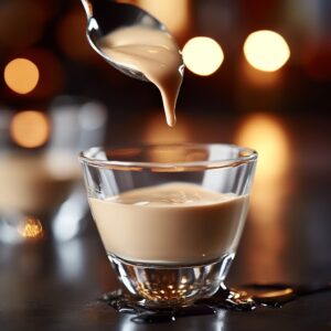 A spoon drizzling creamy Irish liqueur into a shot glass, creating a layered cocktail with warm, glowing lights in the background