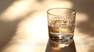 A shot glass partially filled with a golden liquid, illuminated by warm sunlight on a reflective surface