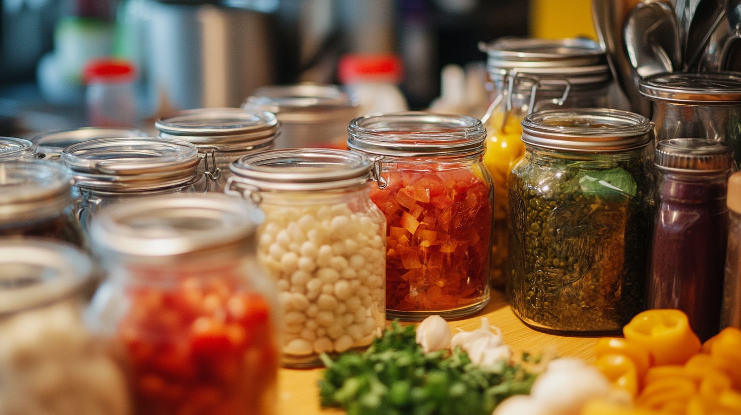 A collection of glass jars filled with various preserved ingredients, including beans, chopped peppers, herbs, and spices, neatly arranged on a kitchen countertop