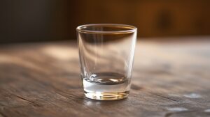 An empty shot glass placed on a rustic wooden table, illuminated by soft lighting.