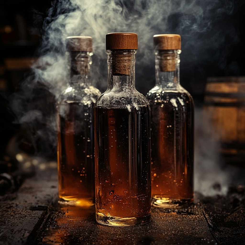 Three glass bottles filled with dark amber liquid, sealed with wooden caps, surrounded by a smoky atmosphere with a whiskey barrel in the background