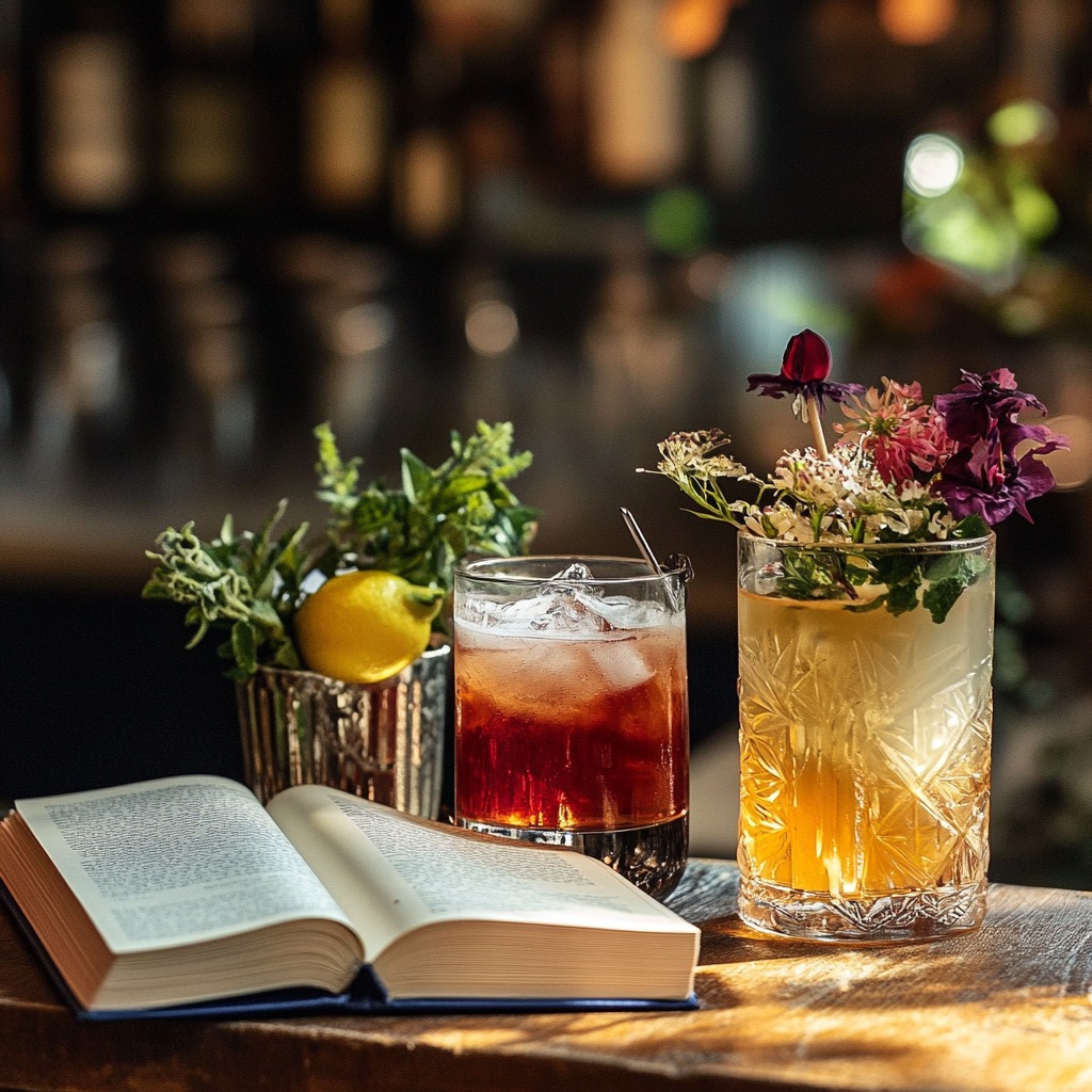 Two beautifully garnished cocktails, one red and one golden with edible flowers, placed on a rustic wooden bar table next to an open book and a small metal cup with fresh herbs and a lemon