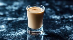 A close-up of a Slippery Nipple shot in a glass, featuring a creamy layered texture on a dark, textured surface