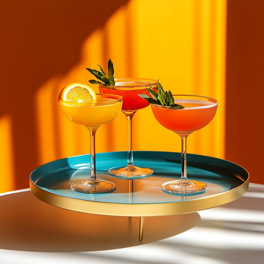 A stylish teal and gold cocktail tray holding three colorful cocktails in coupe glasses, garnished with fresh herbs and citrus, against a warm orange backdrop