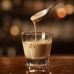 A close-up of a Slippery Nipple cocktail in a glass with a spoon drizzling creamy liqueur into the drink