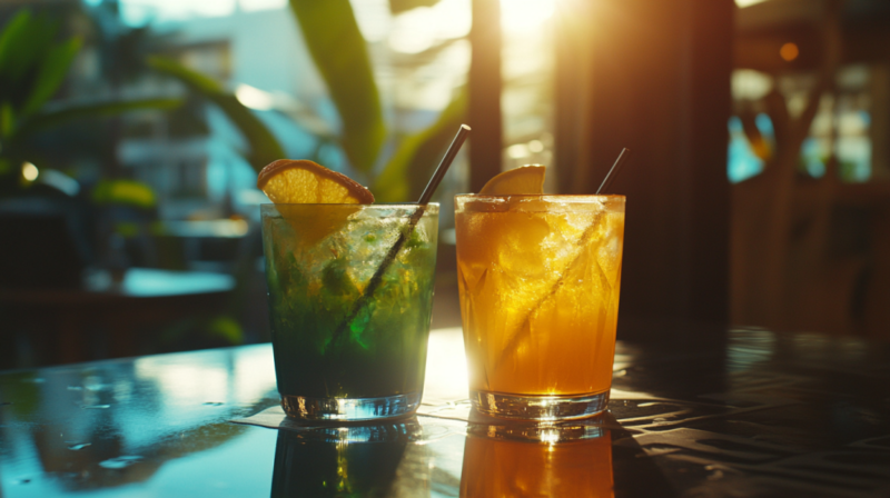 Two Colorful Drinks on A Table, Perfect for A Fun and Engaging Mystery Drink Challenge as Part of Bar Promotions