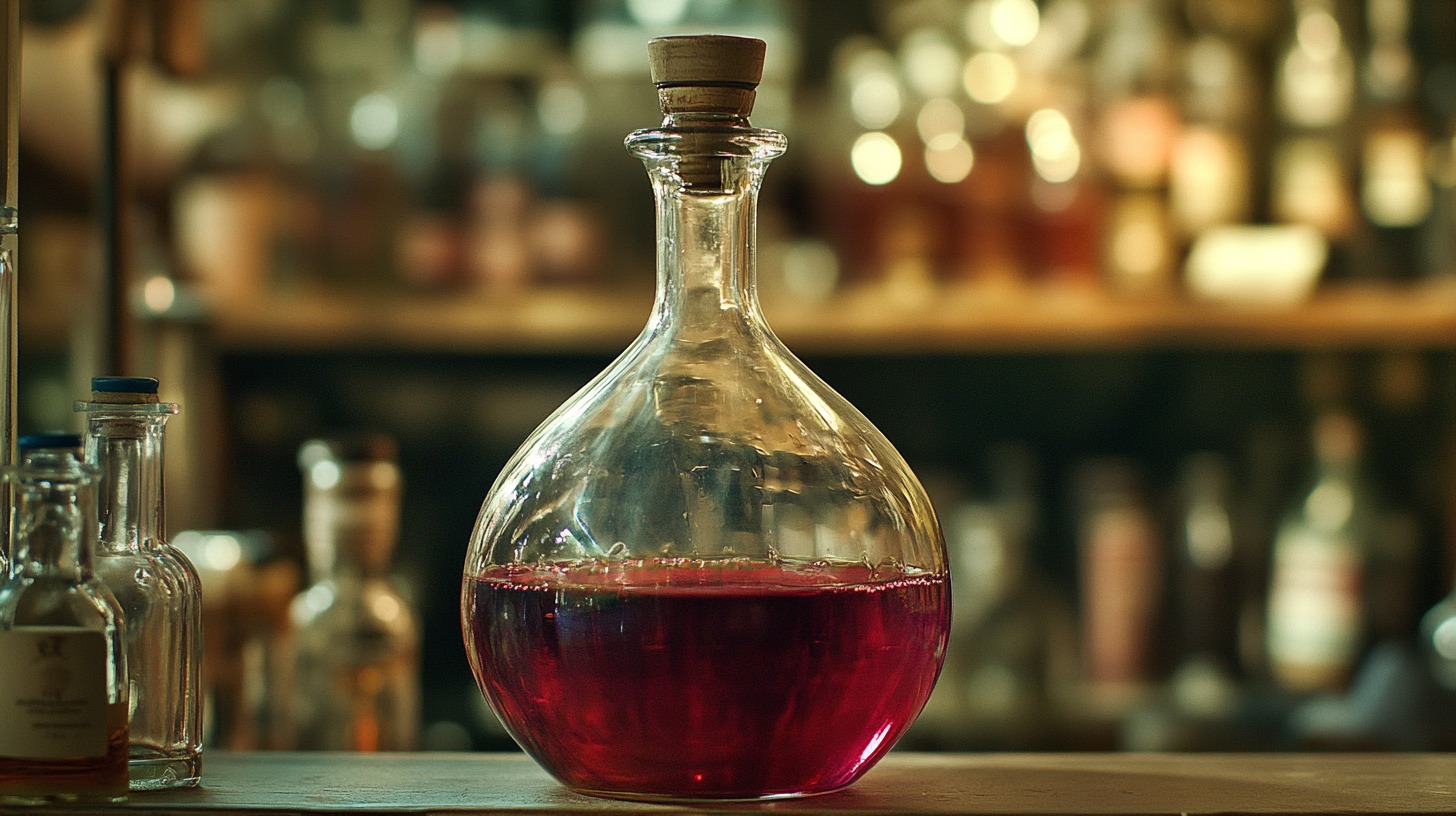 A glass decanter with a cork stopper, partially filled with a deep red liquid, sitting on a wooden bar counter with blurred bottles in the background