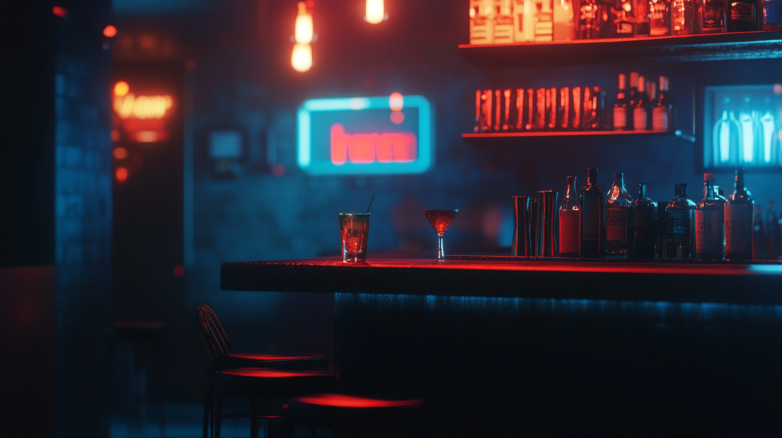 A Vibrant Bar Scene Showcasing Drinks and Shelves, Perfect for Showcasing Unique Bar Promotions