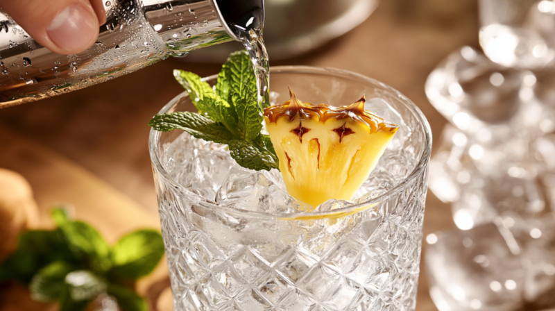 A Hand Pouring Liquid from A Cocktail Shaker Into a Glass with Ice, Mint, and A Slice of Pineapple