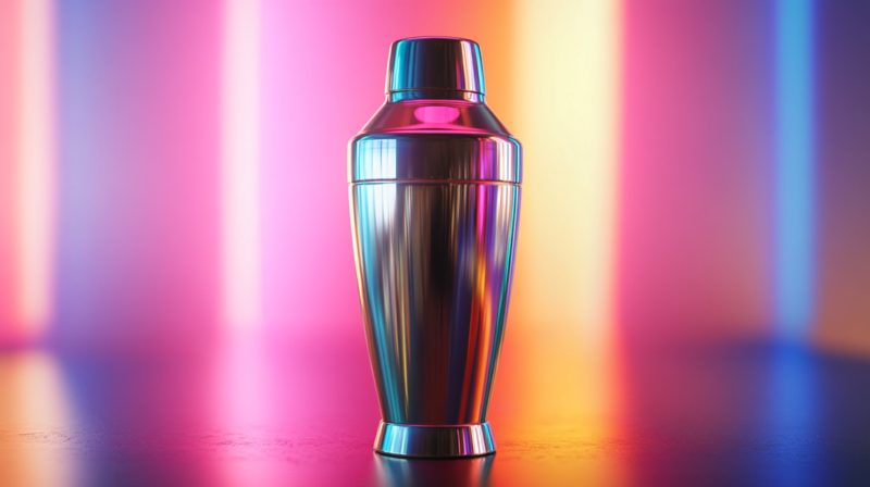 A Close-Up Image of A Sleek Cocktail Shaker with Vibrant Lighting in The Background