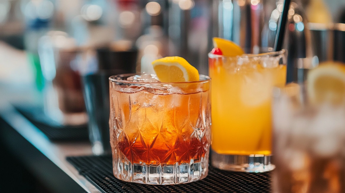 Close-up of two cocktails on a bar counter, garnished with lemon wedges and cherries