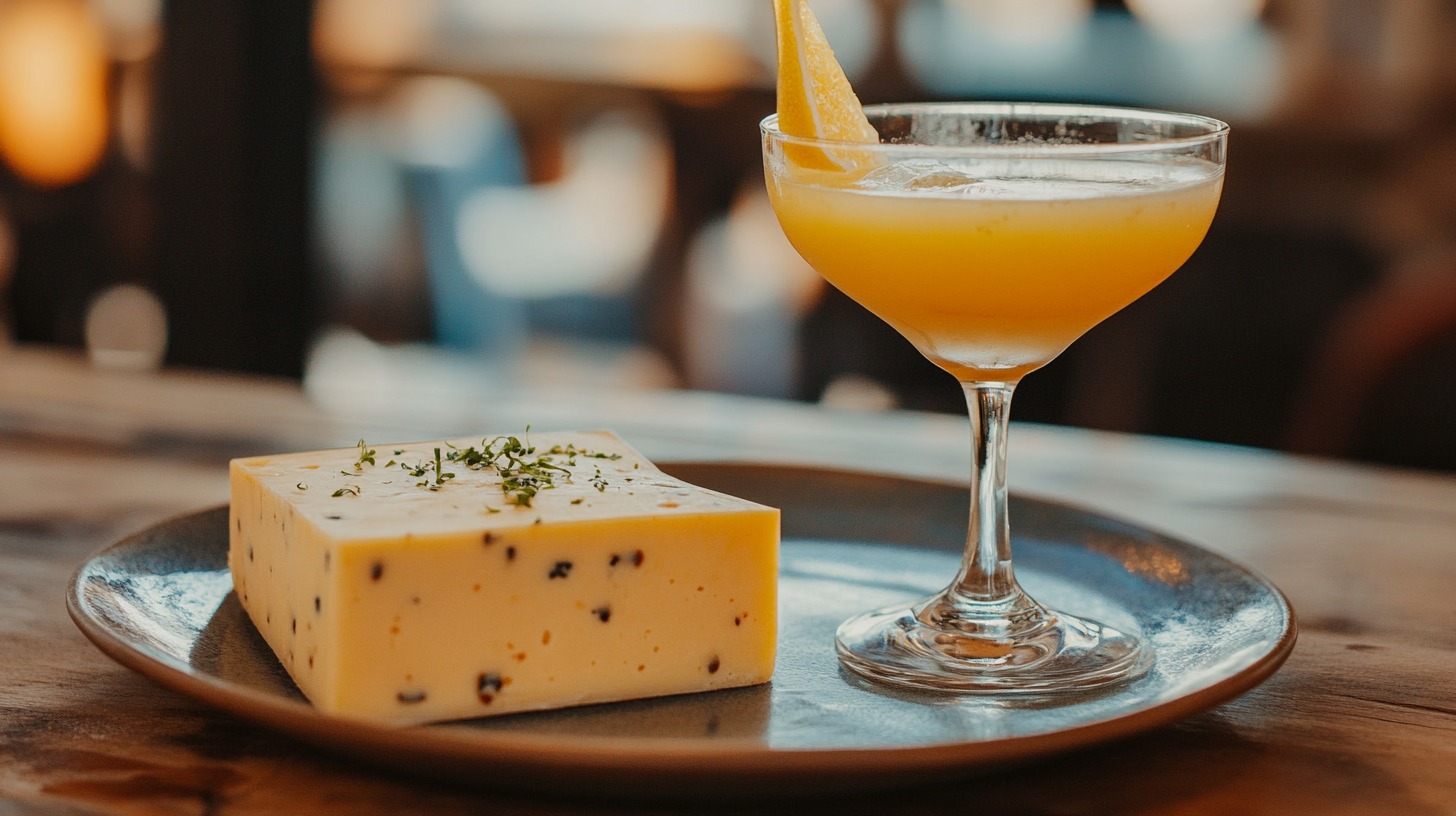 A block of peppered cheese and a citrus margarita on a rustic plate