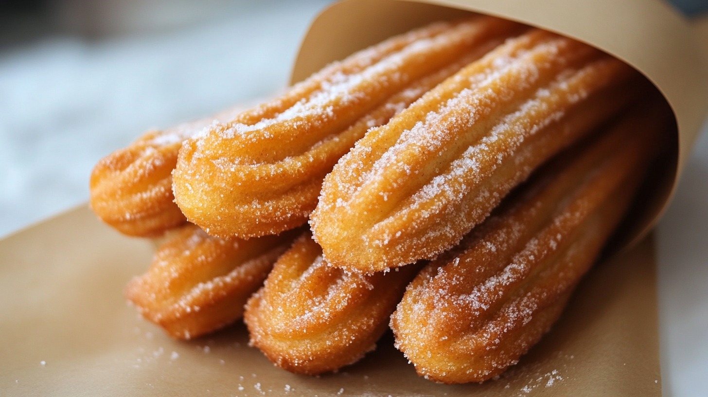 Golden, crispy churros coated in sugar, wrapped in brown paper