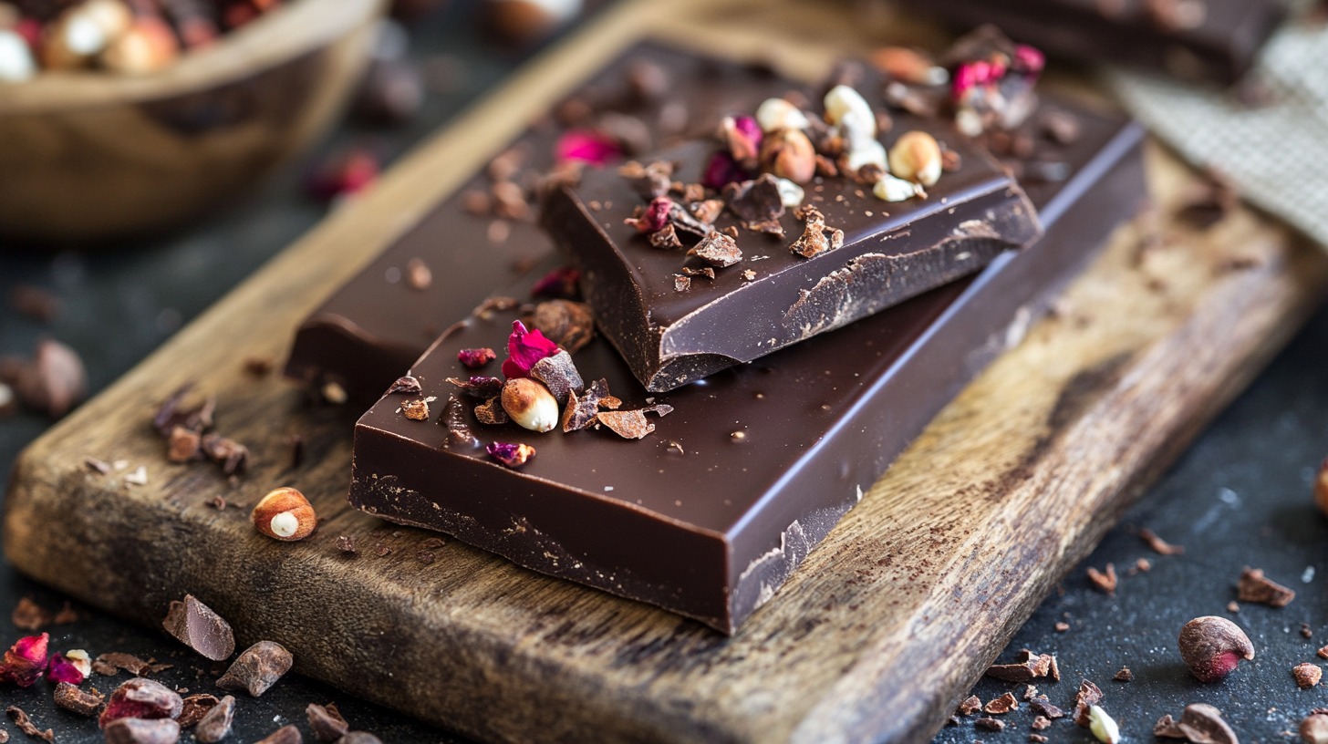 Dark chocolate bars topped with nuts, cocoa nibs, and dried rose petals on a wooden board