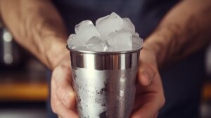 Stainless steel cup filled with ice cubes, held by a pair of hands, with condensation on the cup's surface.