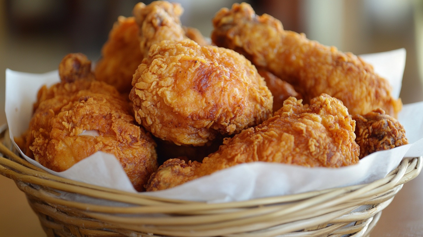 A basket of crispy, golden-brown fried chicken pieces