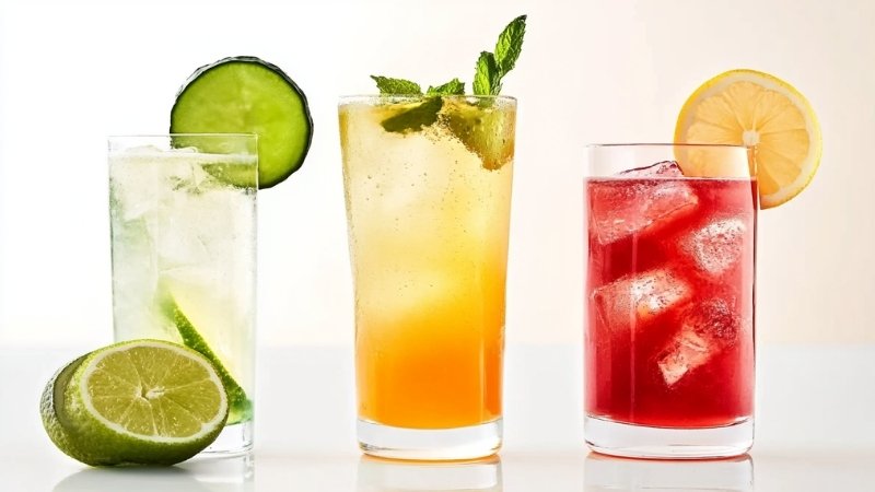 Three colorful mocktails with lime, mint, and lemon garnishes