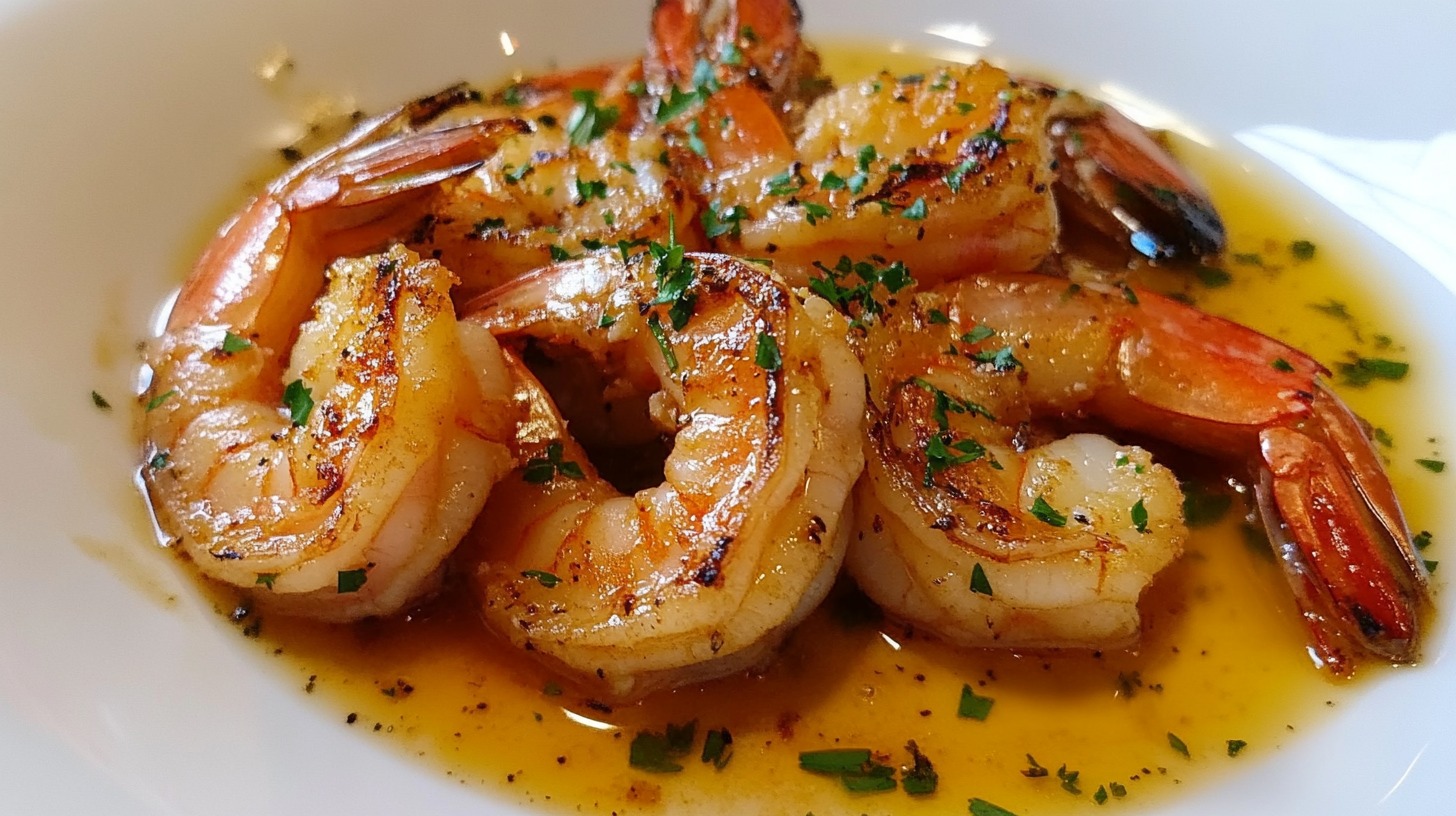 Juicy grilled shrimp in a buttery garlic sauce, garnished with fresh herbs