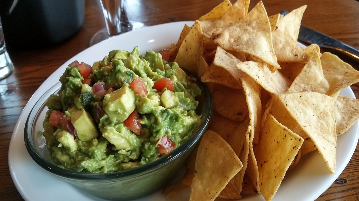 A bowl of fresh guacamole with diced tomatoes and onions, served with crispy tortilla chips