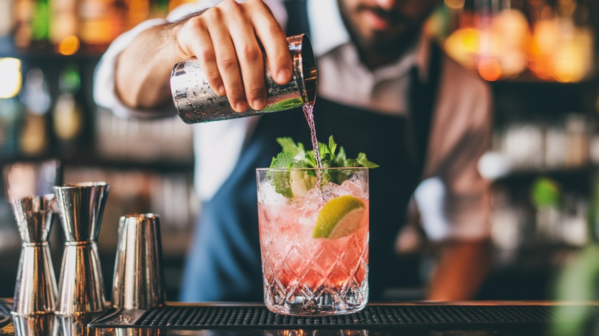 Bartender pouring a pink cocktail into a glass filled with ice, lime, and mint