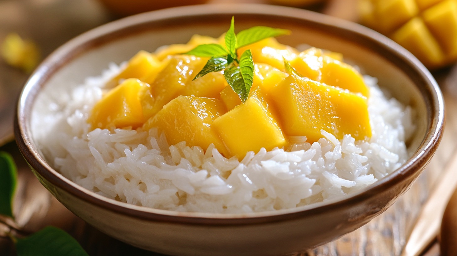 A bowl of mango sticky rice topped with fresh mango chunks and a mint garnish