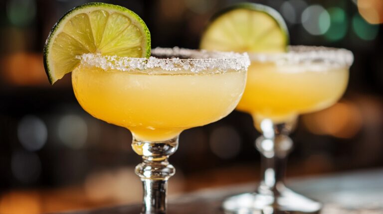 Two margaritas with salted rims and lime wedges, set against a blurred bar background