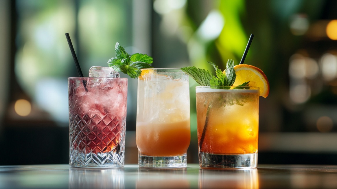 Three colorful cocktails garnished with mint and citrus, served in elegant glassware