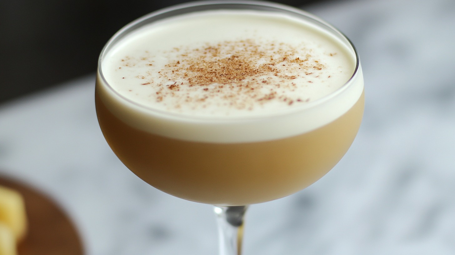 Close-up of a creamy, frothy cocktail garnished with a sprinkle of nutmeg in a cocktail glass, set against a soft, blurred background