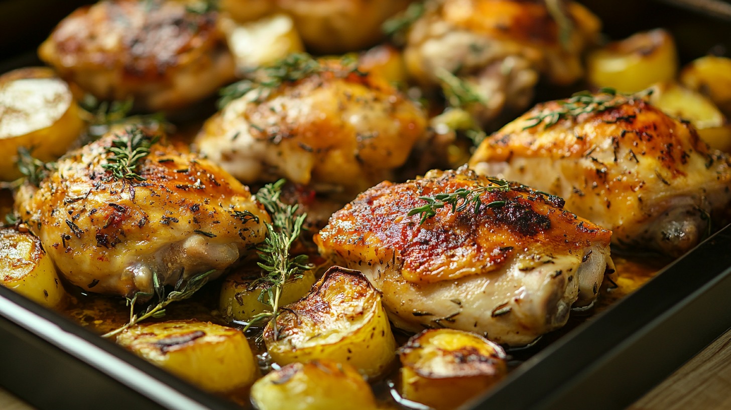 Roasted chicken thighs with crispy potatoes and fresh herbs on a baking sheet.