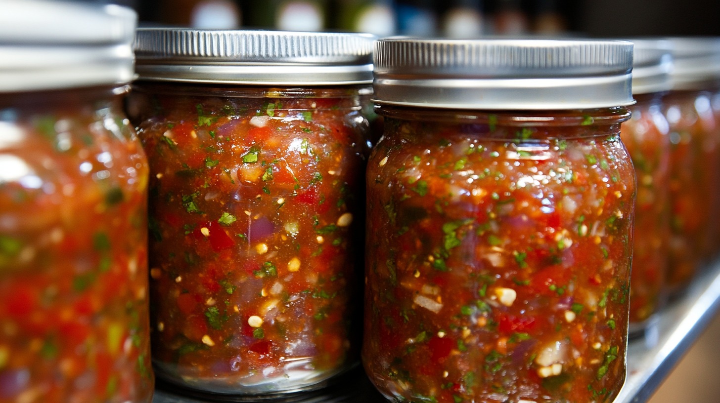 Jars of homemade salsa filled with tomatoes, onions, cilantro, and chili flakes