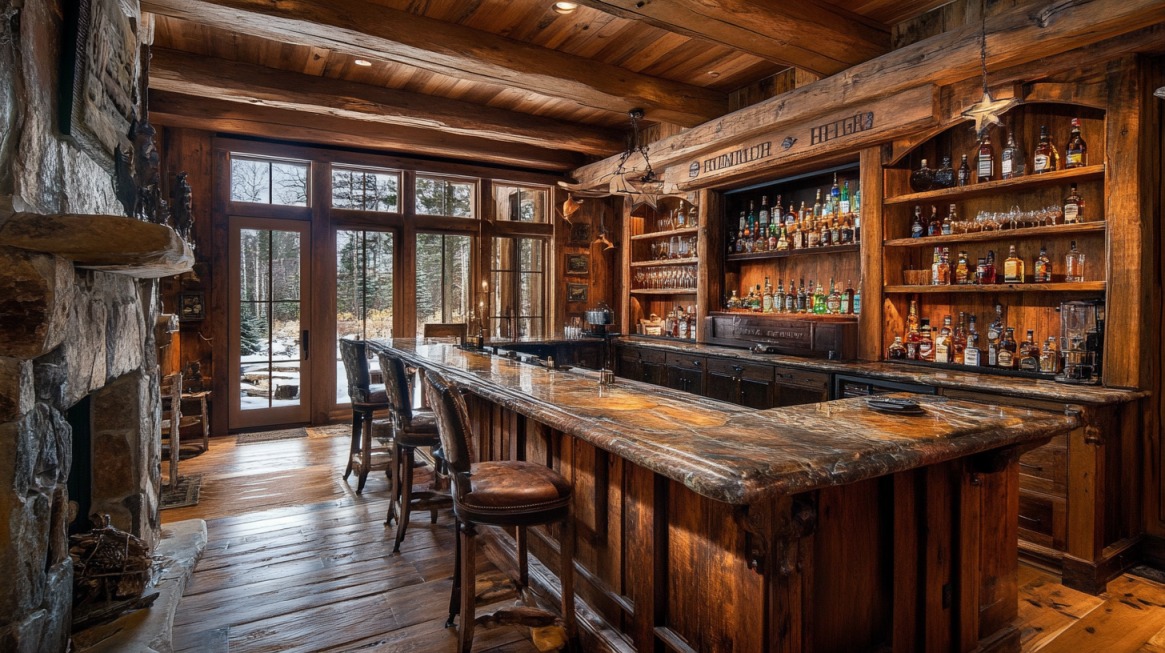 A beautifully designed rustic home bar with wooden interiors, a marble countertop, and a cozy fireplace