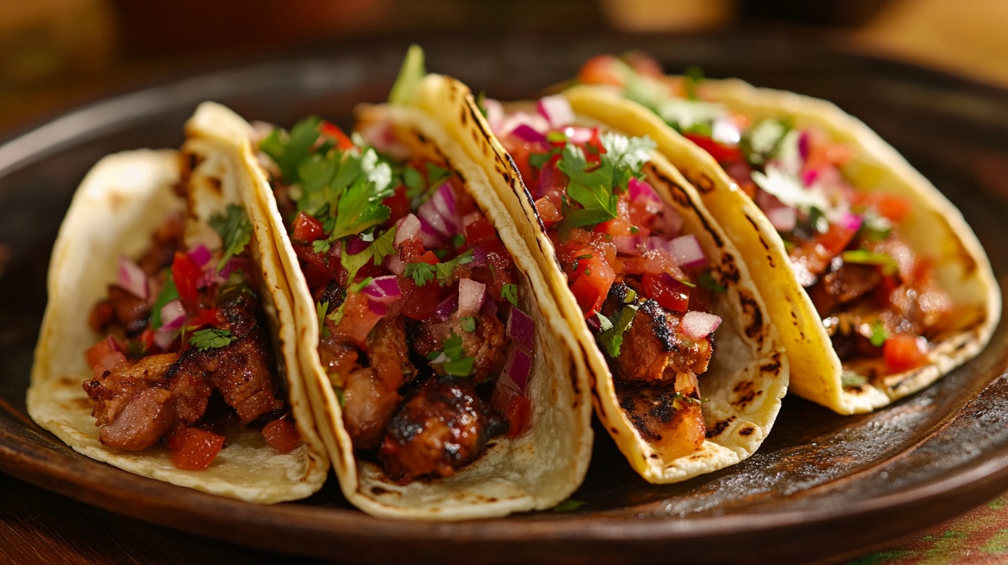 Four street-style tacos with grilled meat, fresh salsa, and cilantro on a rustic plate