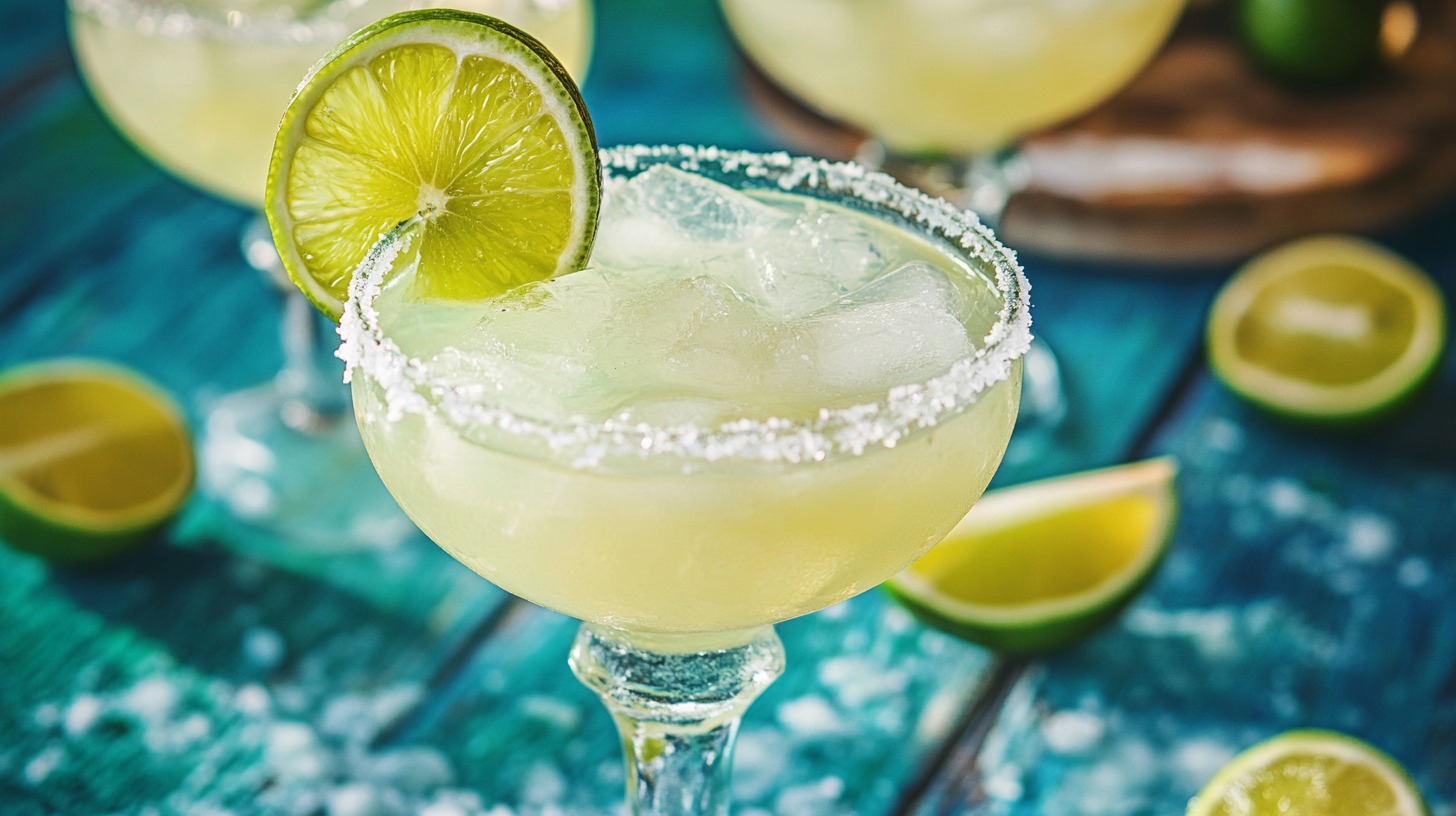 Classic margarita with a salted rim, ice, and a fresh lime slice on a blue wooden surface